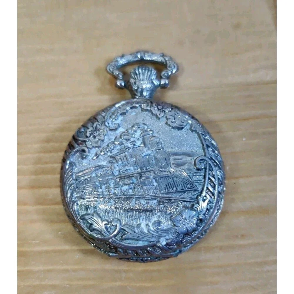 GENEVA Train Pocket Watch Silvertone For Parts Or Repairs